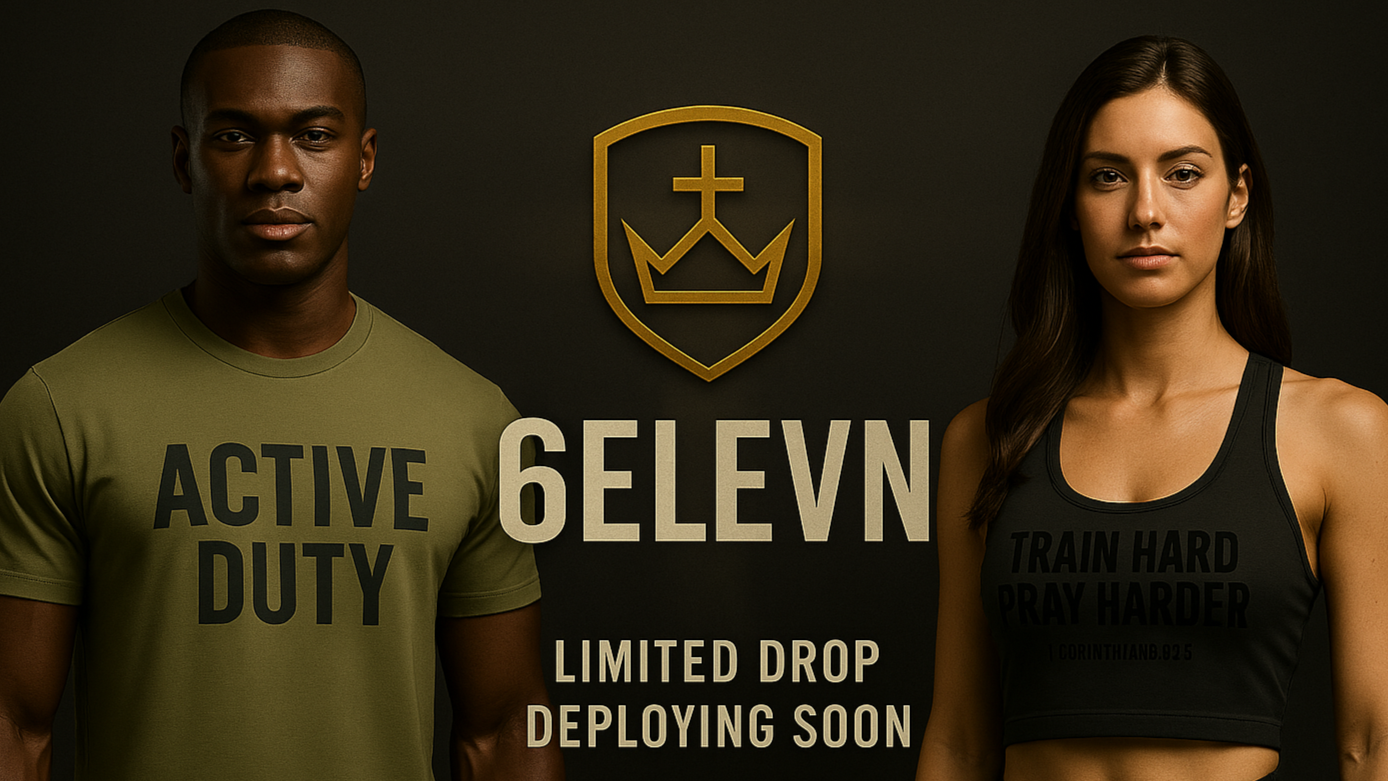 Two people wearing branded clothing with '6ELEVN' logo and text on a dark background